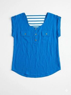 mine Royal Blue Short Sleeve Button Pocket Top with Striped Back Detail
